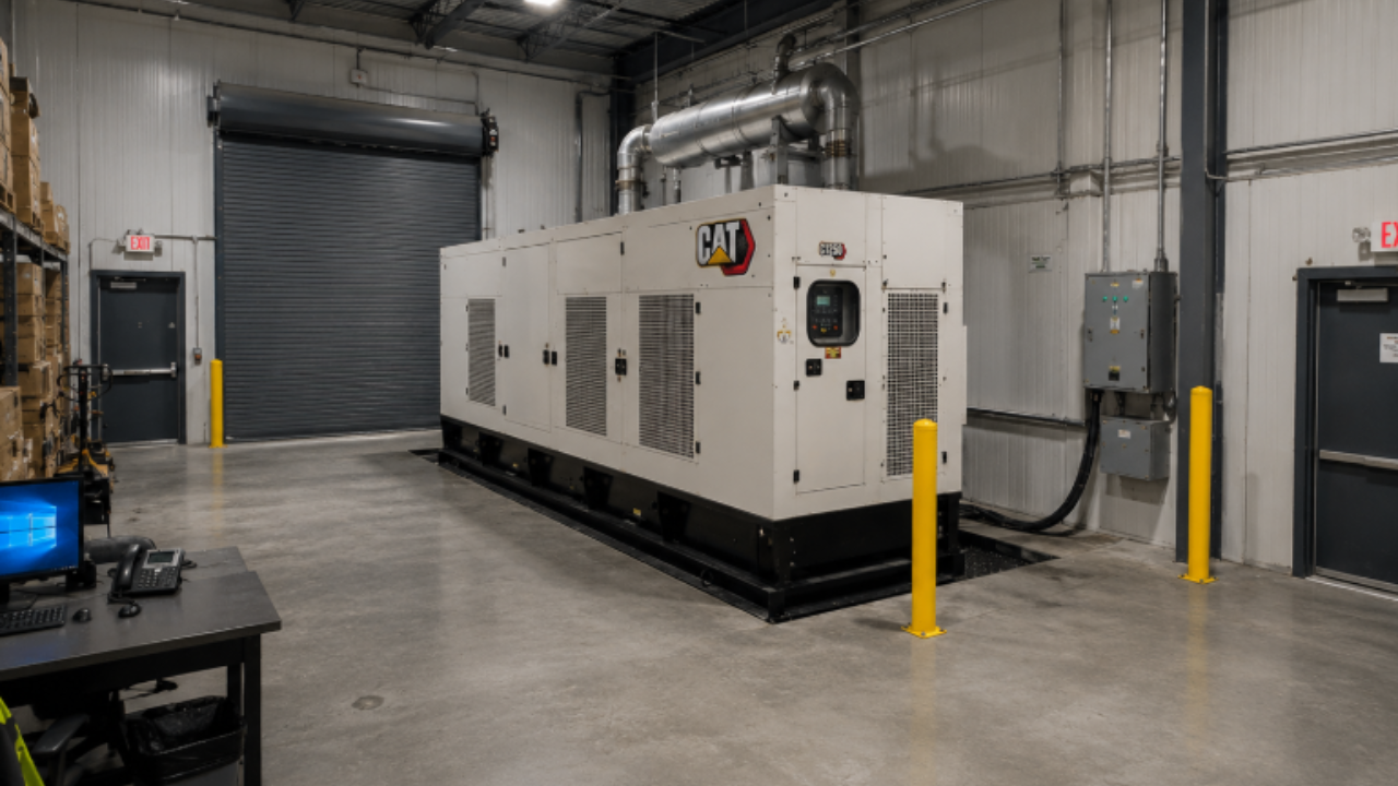 Commercial CAT backup generator inside an industrial facility.